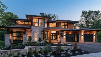 Suburban contemporary home's facade featuring a mix of wood and stone materials and sustainable design