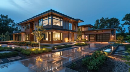 Obraz premium Suburban contemporary home's exterior with innovative rainwater collection system integrated into the design