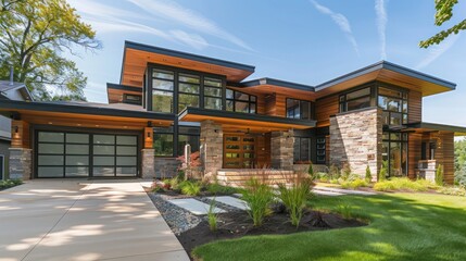 Suburban contemporary home's facade featuring a mix of wood and stone materials and sustainable design