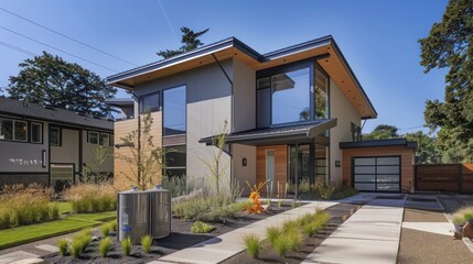 Obraz premium Suburban contemporary home's exterior with innovative rainwater collection system integrated into the design