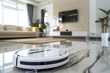 Modern white living room with smart robot vacuum for automated cleaning and maintenance