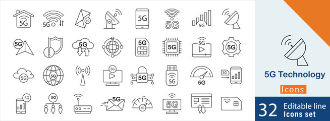 5g technology editable line icon set. containing Advanced Antenna Systems, High Speed, 5G, Technology, Network Slicing, Low Latency, and more thin icons