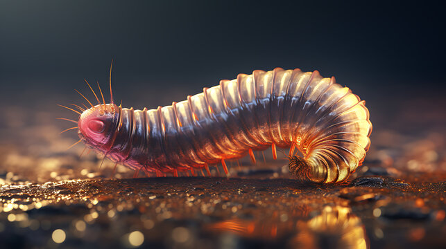 A shiny, golden-red worm crawls on a dark, wet surface, emphasizing the beauty and wonder of nature. 
