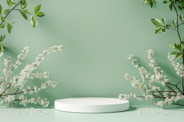 Minimal green product display podium on spring background for organic beauty showcase