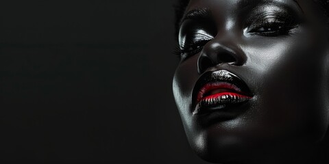 Close-Up of Woman with Red Lips and Black Background. Dramatic close-up portrait of a woman with shiny red lips, dark skin, and a black background, emphasizing beauty and contrast. Banner copy space