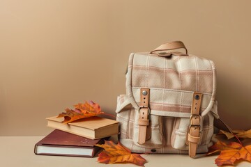 A backpack rests atop a pile of books on the floor with copy space and for text
