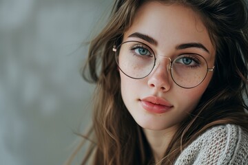 Fototapeta premium Close-up of a calm young female with eyeglasses, soft gaze and natural look