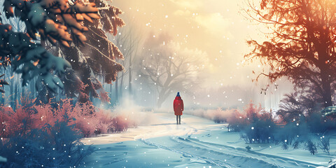 A lone figure in red walks through a snowy forest, capturing the beauty and solitude of a winter wonderland. 
