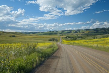 Naklejka premium Scenic countryside road winding through vibrant yellow canola fields under a clear blue sky