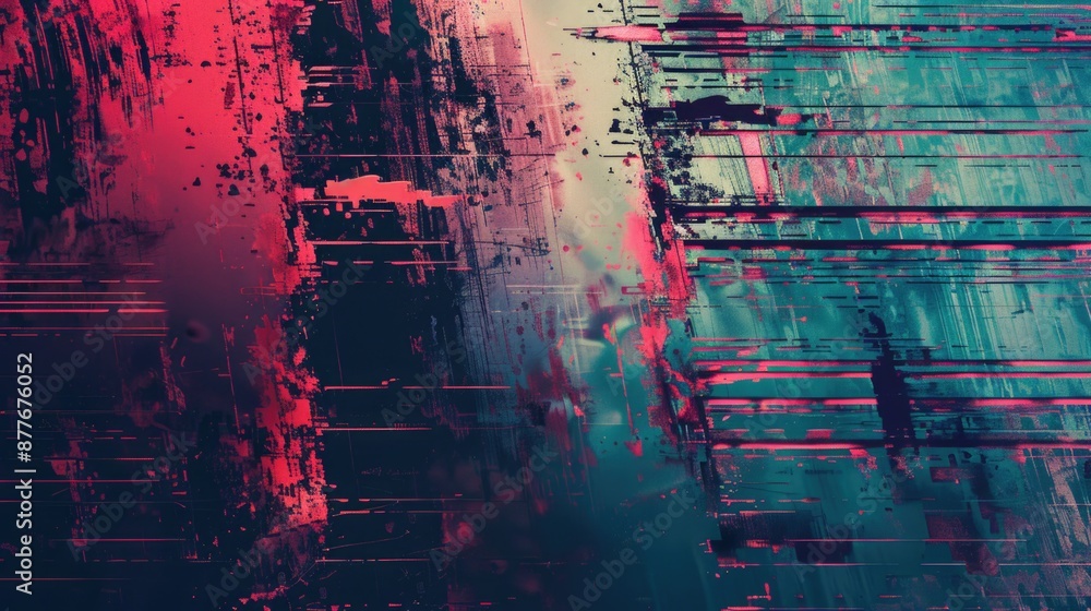 Poster Abstract art piece featuring a building design in shades of red and blue, suitable for use as a decorative element or illustration
