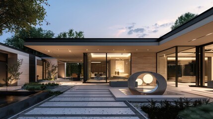 Fototapeta premium Suburban contemporary home with a minimalist exterior and a hidden courtyard featuring a modern sculpture