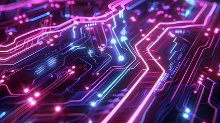  A detailed neon circuitry board with glowing elements and intricate pathways, symbolizing modern electronic design and innovation.