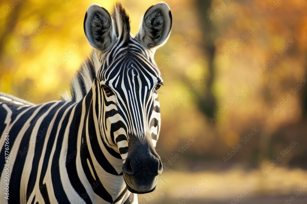 Poster sharp close-up image of a zebra's face with warm autumn leaves in soft focus