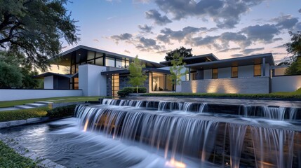Suburban contemporary home with sleek, angular architecture and a cascading water feature in the front yard