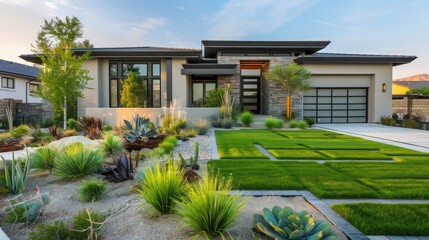 Suburban contemporary home with a front lawn designed for drought resistance, featuring xeriscaping and native plants