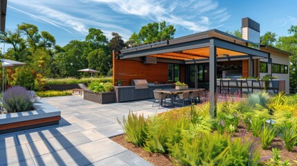 Naklejka premium Suburban contemporary home with a rooftop garden and dining area, featuring sustainable planting and a modern pergola