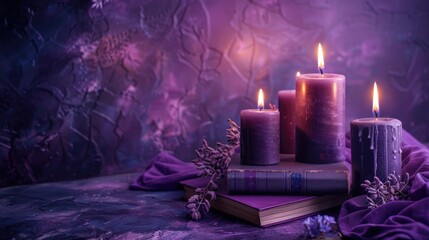 Purple background with candles and books