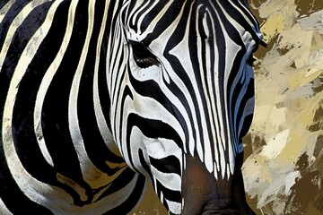 Highly detailed close-up of a zebra's face against a textured artistic background