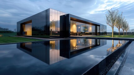 Fototapeta premium Suburban contemporary home with a sleek, mirror-finish facade that reflects the surrounding landscape
