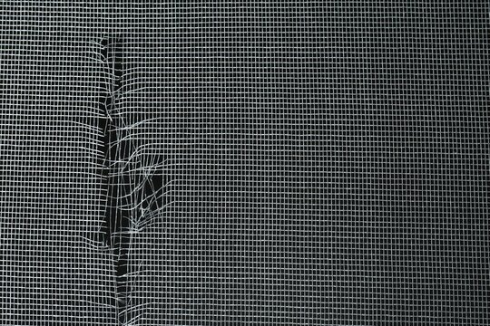Torn window screen against black background, closeup