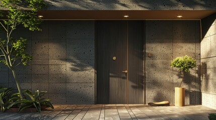 Modern entrance, green simple door for a luxury house 