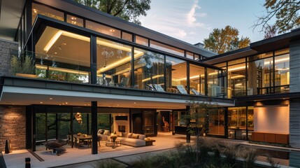 Obraz premium Suburban contemporary home with a cantilevered second story over a glass-walled living area