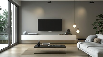 Suburban contemporary living room with an ultramodern suspended TV unit and minimalistic decor