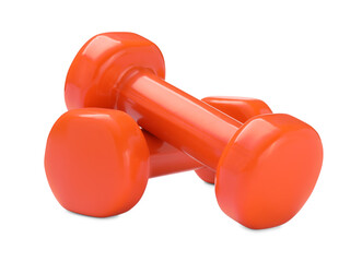 Orange dumbbells isolated on white. Sports equipment