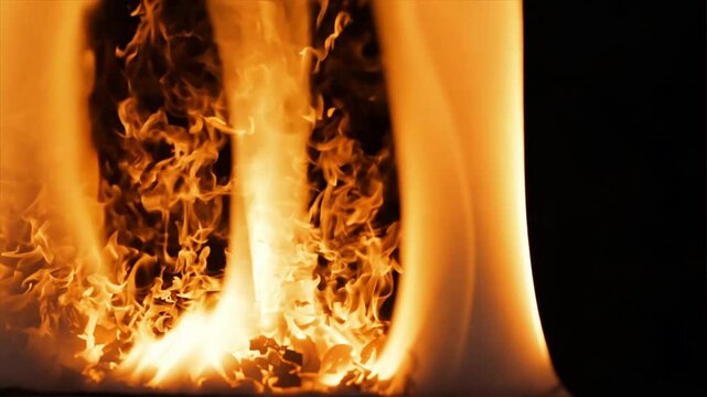 Close-up of a piece of paper burning with orange flames and ashes against a black background