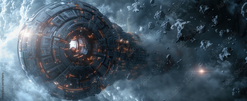 Aufkleber futuristic spaceship flies through an asteroid field on its way to a new galaxy.