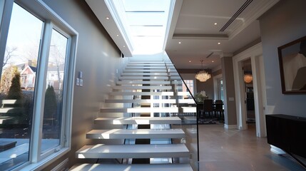 Suburban contemporary staircase with floating steps and a glass railing, leading up to a skylight