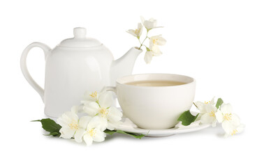 Aromatic herbal tea with jasmine flowers isolated on white