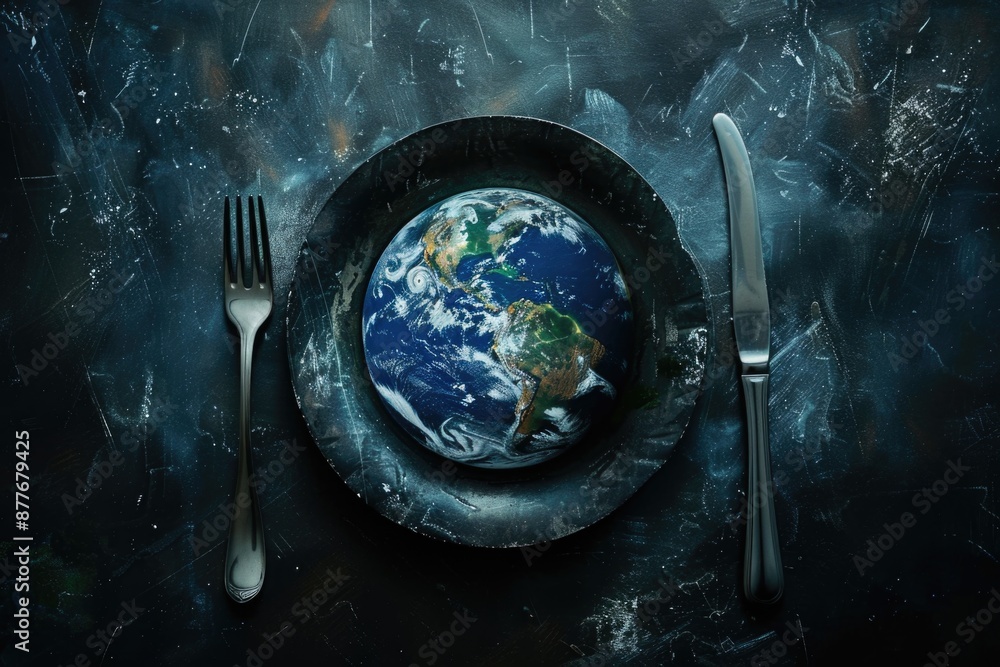 Poster a plate featuring an image of a planet, accompanied by a fork and knife