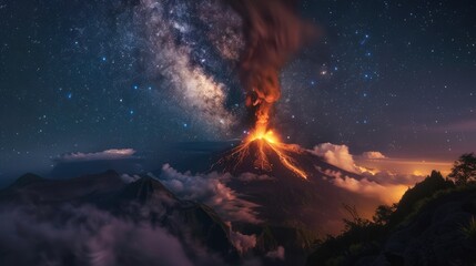 Obraz premium Spectacular Night Sky Eruption Over Towering Volcano
