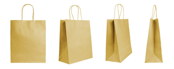 Set of different angles blank yellow craft paper bags isolated on white, transparent background....