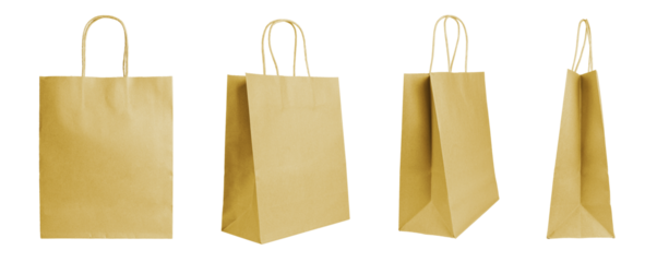 Set of different angles blank yellow craft paper bags isolated on white, transparent background. Eco friendly shopping bag made from recycled paper, recycling concept. Mockup, template, copy space