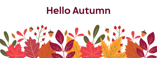 Falling horizontal banner. Pattern with hand drawn autumn colorful leaves. Border of autumn leaves.