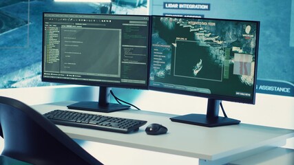 Naklejka premium Federal anti terrorism operation room equipped with a big screen and radar surveillance footage on satellite cctv system used for reconnaissance. Empty military command center.