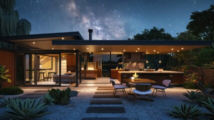 Suburban mid-century modern home with an integrated outdoor kitchen and dining area under the stars