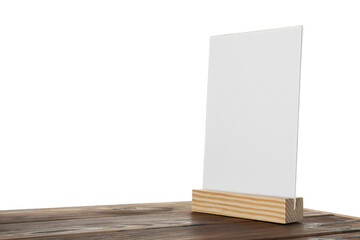 Menu holder on wooden table against white background. Space for text