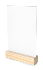 Menu holder on wooden table against white background. Mockup for design
