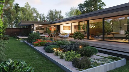 Suburban mid-century modern home with a multi-tiered backyard garden and sleek deck