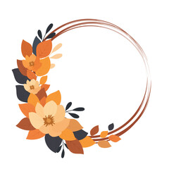 Round frame with orange and yellow autumn leaves and flowers.