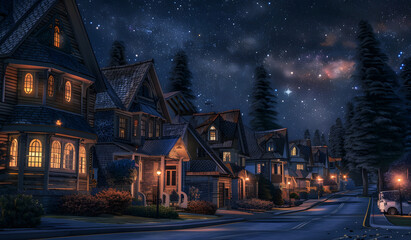 Fototapeta premium A row of classic family house facades at night. Suburban neighborhood. Residential building with illuminated windows design