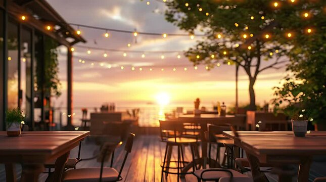 Charming outdoor cafe set against a vibrant sunset sky, creating a warm and inviting atmosphere for a relaxing dining expSeamless looping 4k time-lapse virtual video animation background. Generated AI