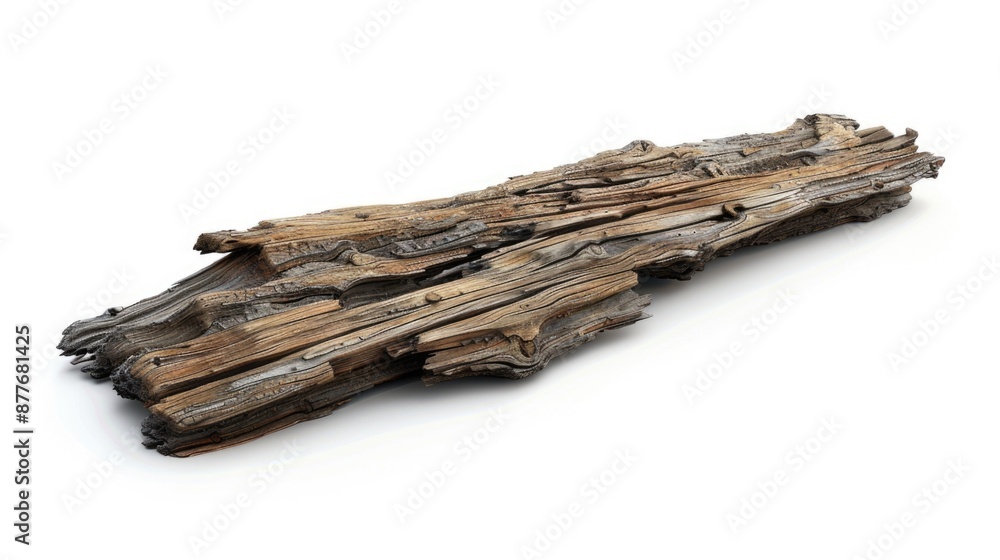 Poster a piece of driftwood lying on a clean and smooth white surface, providing a neutral background for c