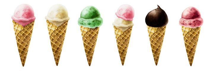 Set of ice creams with strawberry, raspberry, mint, pistachio, apple, milk, chocolate, vanilla in crispy waffle cone. Hand painting sweet watercolor illustration isolated on background. For des