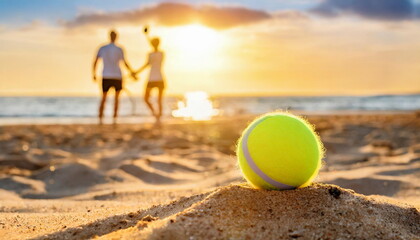Beach tennis ball on sand, summer activity, couple playing on background