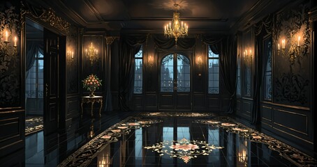Obraz premium dark black ballroom room interior of gothic palace castle mansion with floral embellishments and filigree ornamental decor at night. hallway with door to balcony city view and candles chandelier.