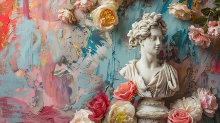 Plaster statue bust and flowers in colorful collage with copy space